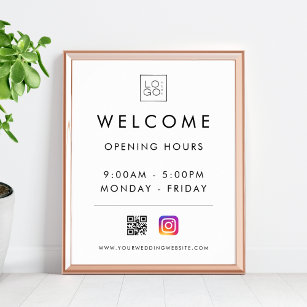 Custom Square Business Logo Welcome Hours QR Code Poster