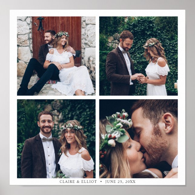 Custom Square Collage 4 Wedding Photo & Text Poster (Front)