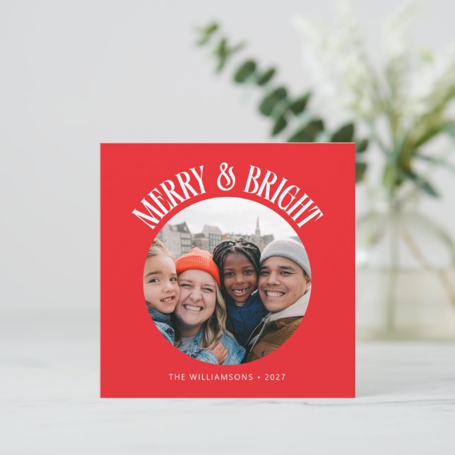 Custom Square Festive Red 2 Family Photo Christmas Holiday Card (Standing Front)