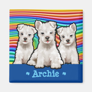 Custom square Magnet Rainbow puppies.