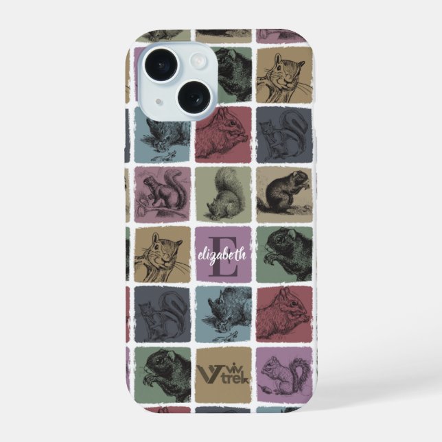 Custom Squirrel Name Initial Retro Personal Gift iPhone 15 Case (Back)