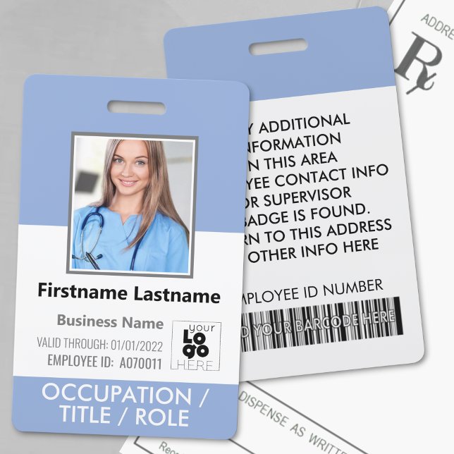 Custom Staff Photo Barcode Logo Serenity Blue Name ID Badge (Creator Uploaded)