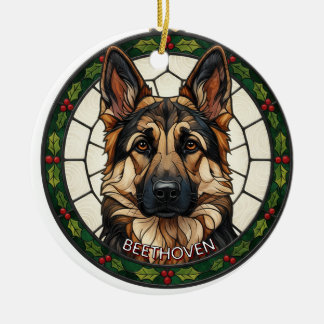Custom Stained glass effect DOG'S name Christmas Ceramic Ornament