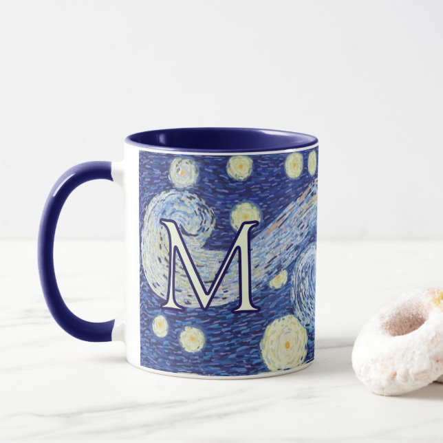 Custom Starry Night Monogram Vincent Van Gogh Art Mug (With Donut)