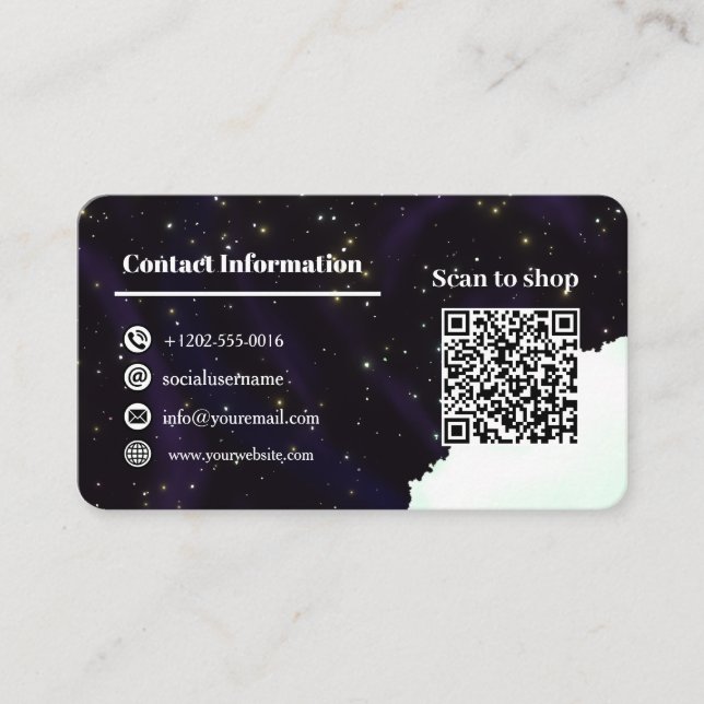 Custom Starry Space Logo Contact Info and QR Code Business Card (Front)