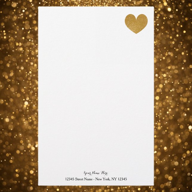 Custom stationery paper with gold glitter heart (gold heart stationery paper)