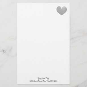 Custom stationery paper with silver glitter heart