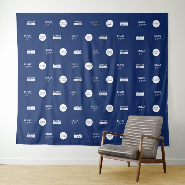 Custom step and repeat 3 Sponsor white logos Blue Tapestry (In Situ (Horizontal))