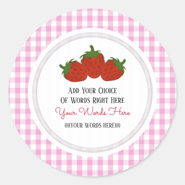 Custom Strawberry and Gingham Classic Round Sticker (Front)