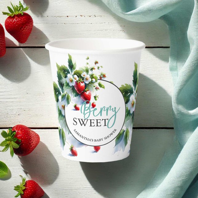 Custom Strawberry Paper Cups for Baby Shower (Strawberry baby shower decor watercolor paper cups art by Do Tell A Belle)
