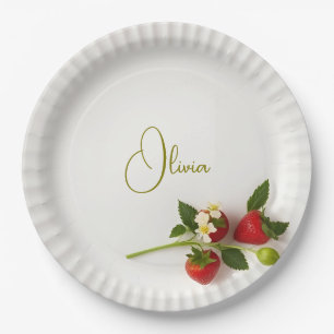 Custom Strawberry Sprig Flower Foliage Name Paper Plate