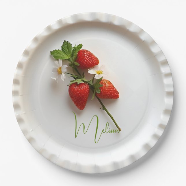 Custom Strawberry Sprig Flower Foliage Name  Paper Plate (Front)