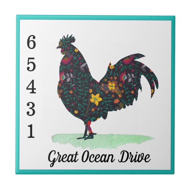 Custom street name house number floral hen ceramic tile (Front)