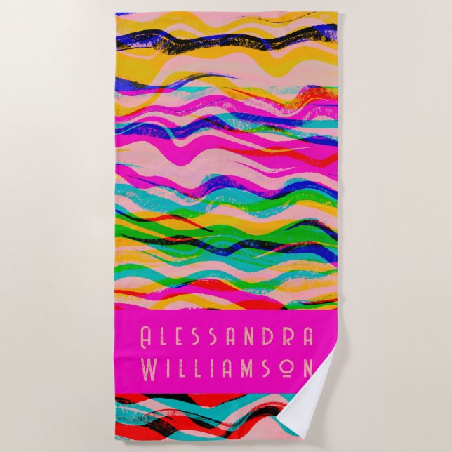 Custom Striped Grunge Waves Colourful Abstract Cut Beach Towel (Front)
