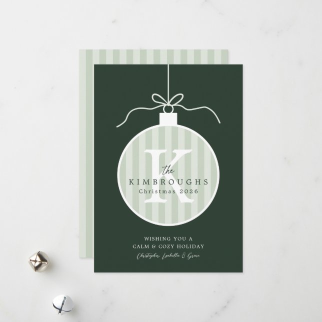 Custom Striped Monogram Ornament Christmas Card (Front/Back In Situ)