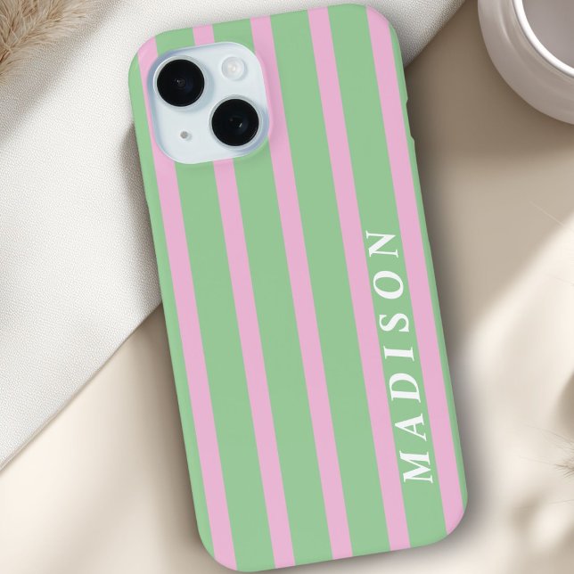 Custom Stripes Green Pink  iPhone 15 Case (Custom Stripes Green Pink Case-Mate iPhone Case)