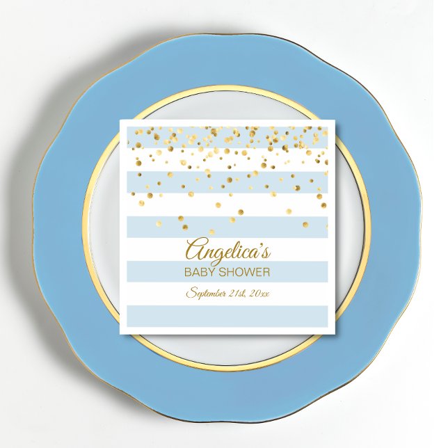 Custom Stripes Pastel Blue Gold BOY BABY Shower Napkin (Creator Uploaded)