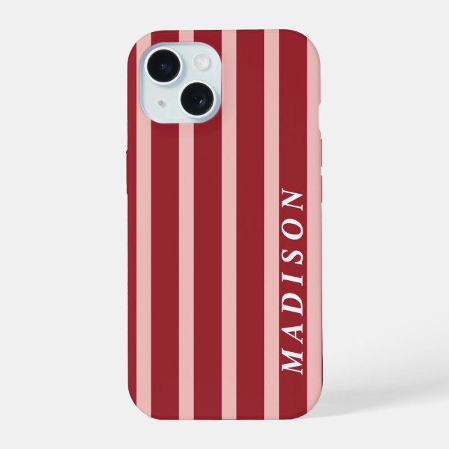 Custom Stripes Pink Red Brown iPhone 15 Case (Back)
