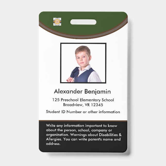 Custom Student Child Kid Photo Name Logo Bar Code  ID Badge (Front)