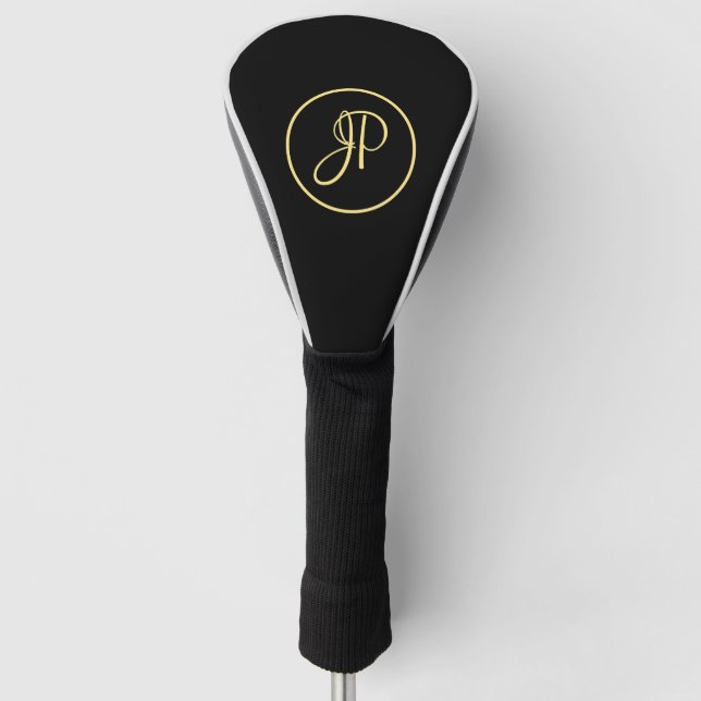 Custom Stylish Black Gold Monogram Initial Letter Golf Head Cover (Front)