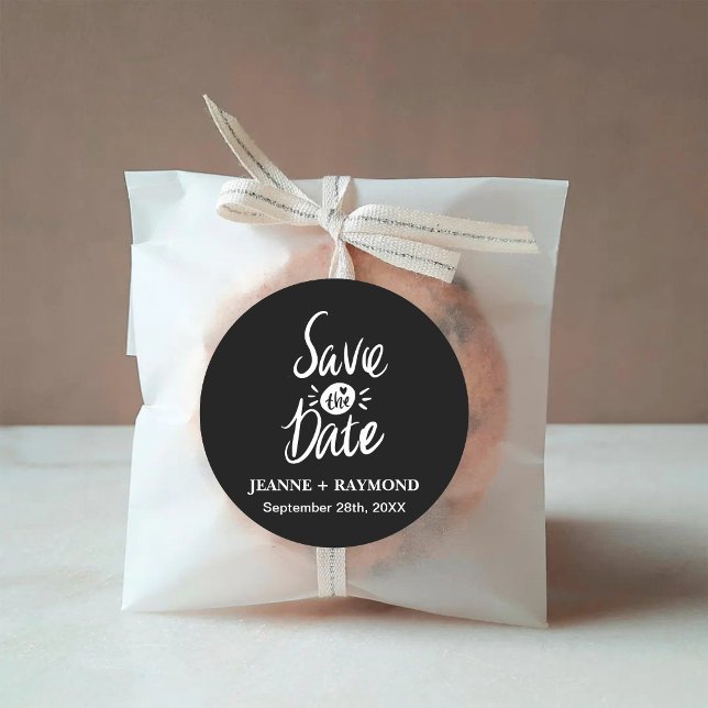 Custom Stylish Black Wedding Save the date Classic Round Sticker (Custom black save the date sticker adds stylish elegance to wedding invitations.)