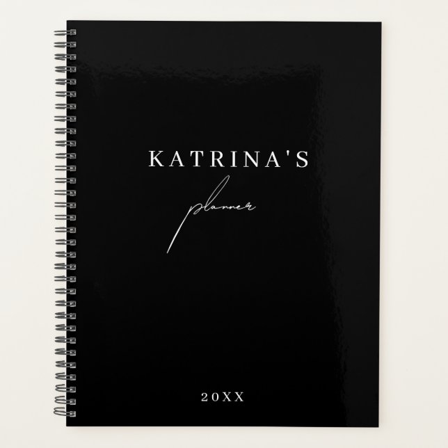 Custom Stylish Black White Minimalist Script Planner (Front)