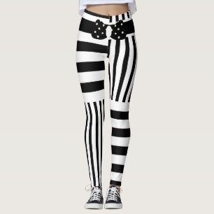 Custom Stylish Black White Stripes & Polkadot Bow  Leggings