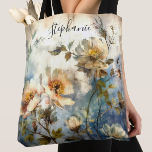 Custom Stylish Indigo Bloom Wind-Swept Design Tote Bag