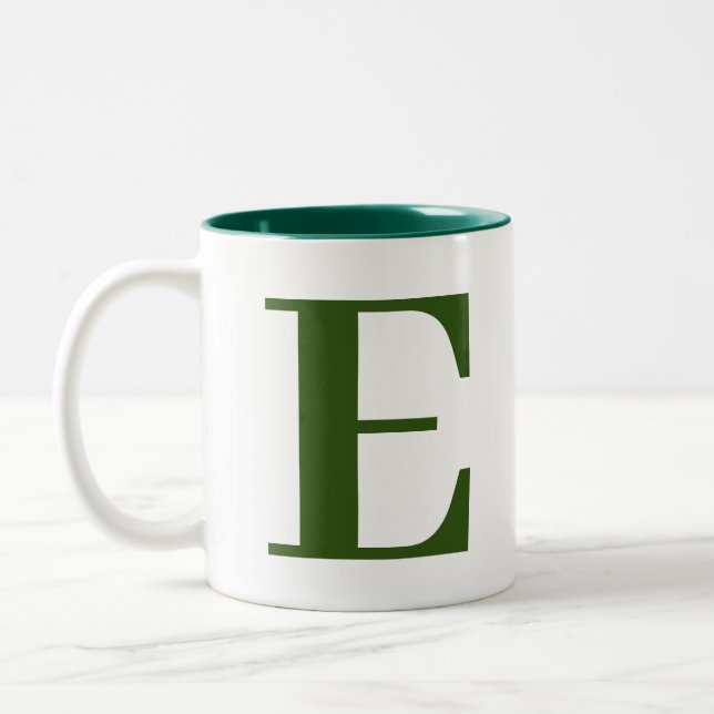Custom Stylish Modern Green Monogram Initials Two-Tone Coffee Mug (Left)
