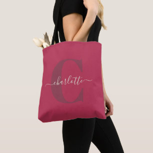 Custom Stylish Monogrammed Name Magenta Red Tote Bag