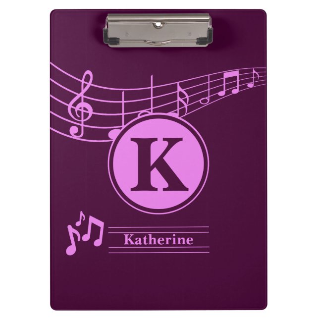 Custom Stylish Name Monogram Letter Music School Clipboard (Front)