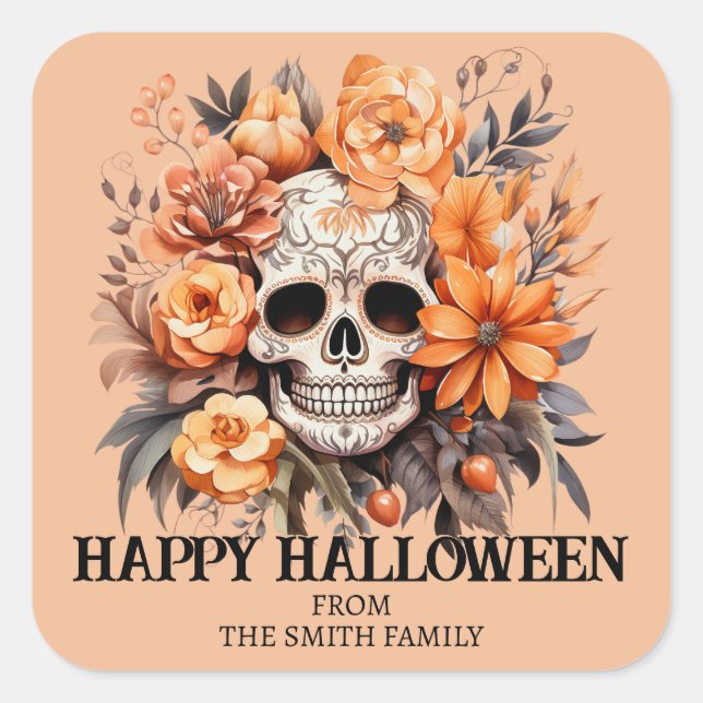 Custom Sugar Skull Halloween Square Sticker (Front)