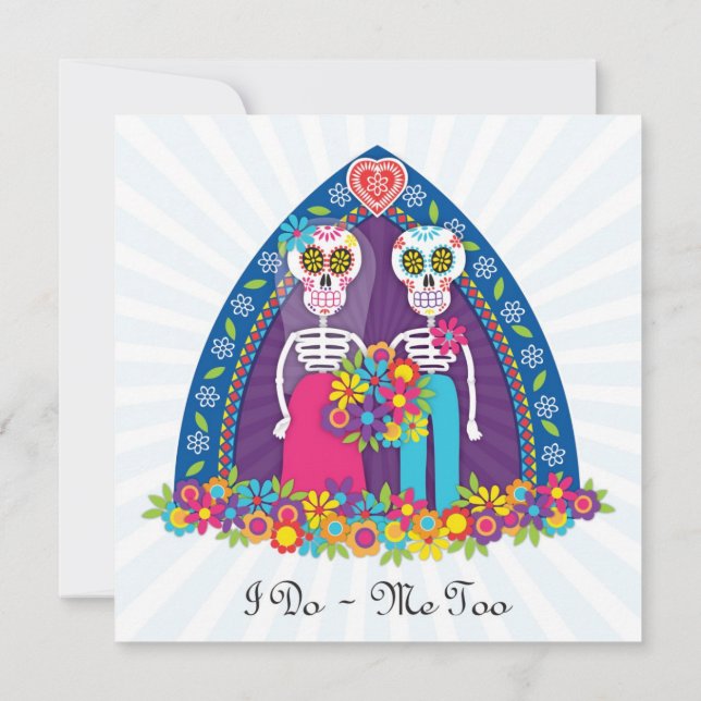 Custom Sugar Skulls and Flowers - Blue Background Invitation (Back)