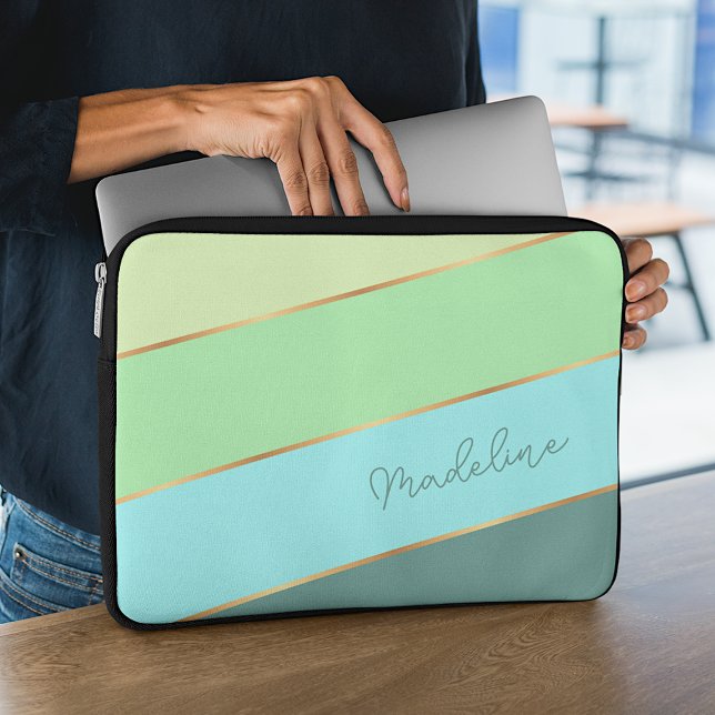 Custom Summer Green Seaglass Blue Yellow Stripe Laptop Sleeve (Creator Uploaded)