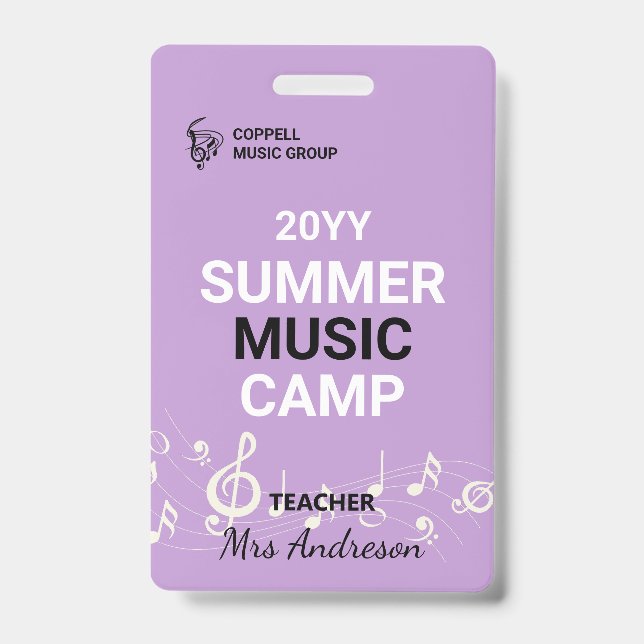 Custom Summer Music Camp Teacher ID Badge (Front)