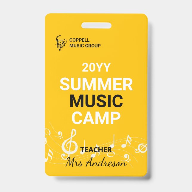 Custom Summer Music Camp Teacher ID Badge (Front)
