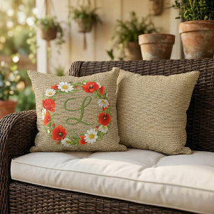 Custom Summer Red Poppies Daisies Flower Wreath Cushion