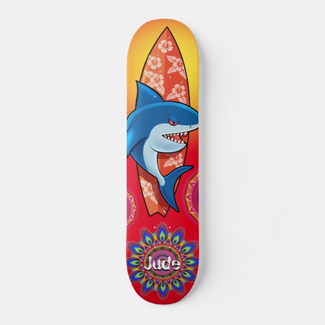 Custom summer shark surf mandala skateboard. Red Skateboard (Front)