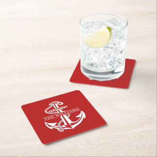 Custom Summery White Nautical Anchor On Dark Red Square Paper Coaster