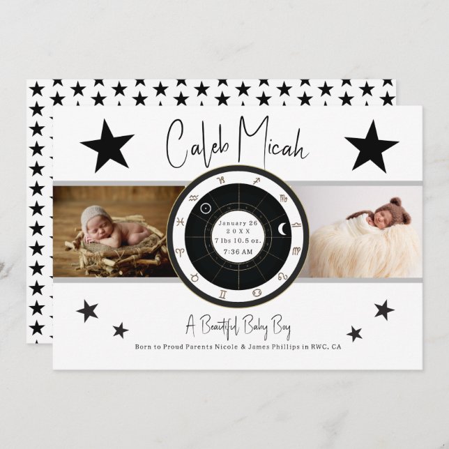 Custom Sun Sign & Moon Photo Birth Announcement (Front/Back)