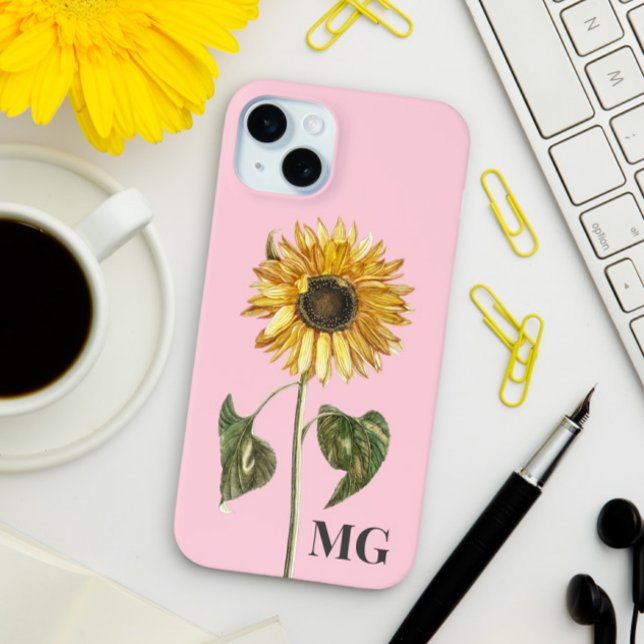 Custom Sunflower Botanical Illustration Monogram iPhone Case (Creator Uploaded)