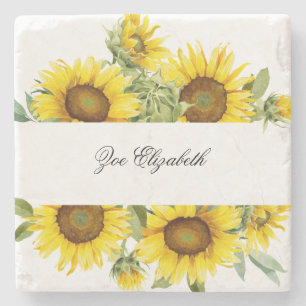 Custom Sunflower Floral Add your Name Monogram Stone Coaster