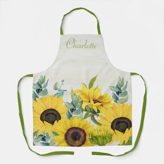 Custom Sunflower Watercolor Illustration Apron (Front)