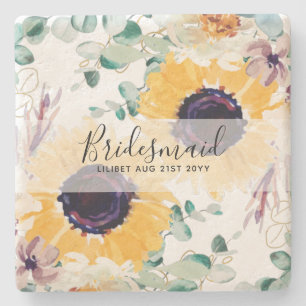Custom Sunflowers Bridesmaids Gifts Add Name Date Stone Coaster