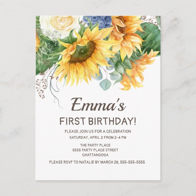 Custom Sunflowers Eucalyptus 1st Birthday Postcard (Front)