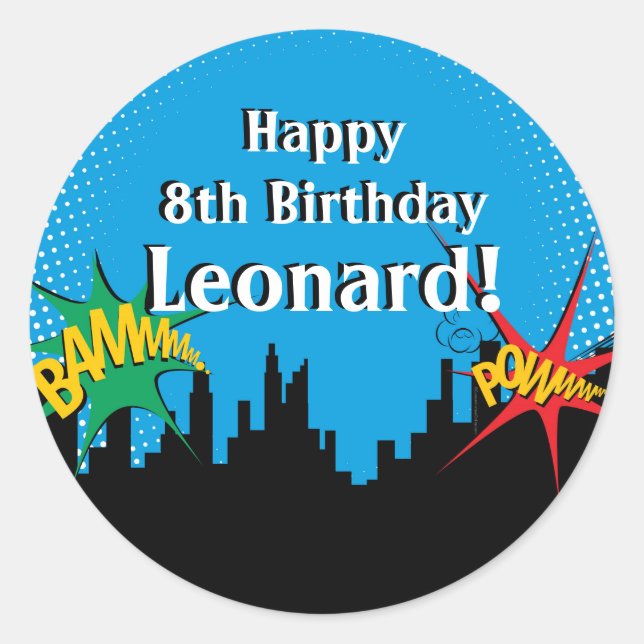 Custom Superhero Comic Boy's Birthday Party Classic Round Sticker (Front)