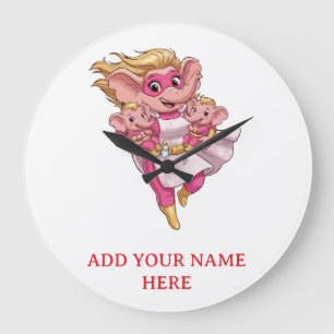 Custom Superhero Elephant Mum of Twins Cute Cartoo Large Clock