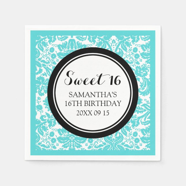 Custom Sweet 16 Birthday Napkin Aqua Black Damask (Front)
