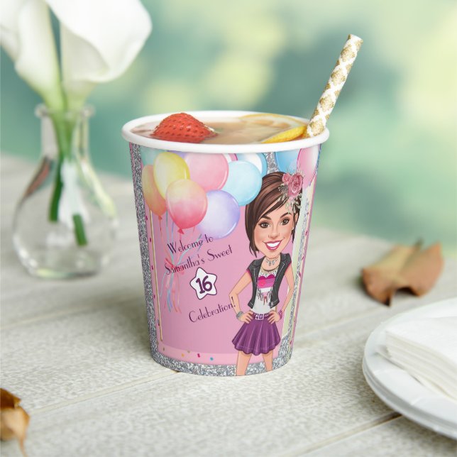 Custom Sweet 16 Caricature with Balloons  Paper Cups (Insitu)