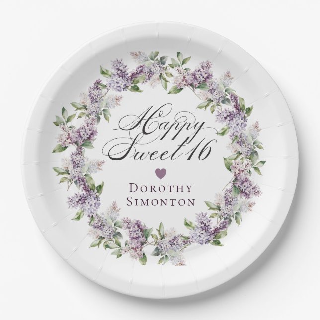 Custom Sweet 16 Purple Lilac Spring Flower Paper Plate (Front)